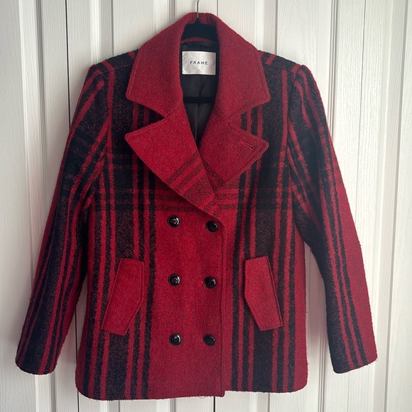 Frame Buffalo Checkered Wool Blend Pea Coat   Red and Black. - Picture 2 of 7